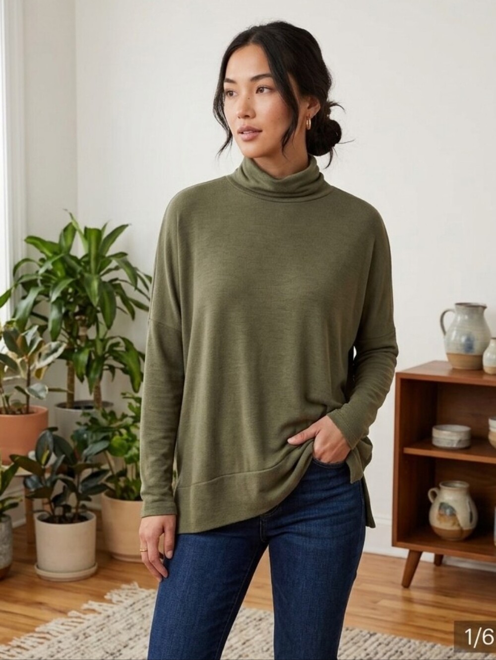 Ransom Women's Small (Oversized) Drop Shoulder Olive Green Turtleneck Top - New